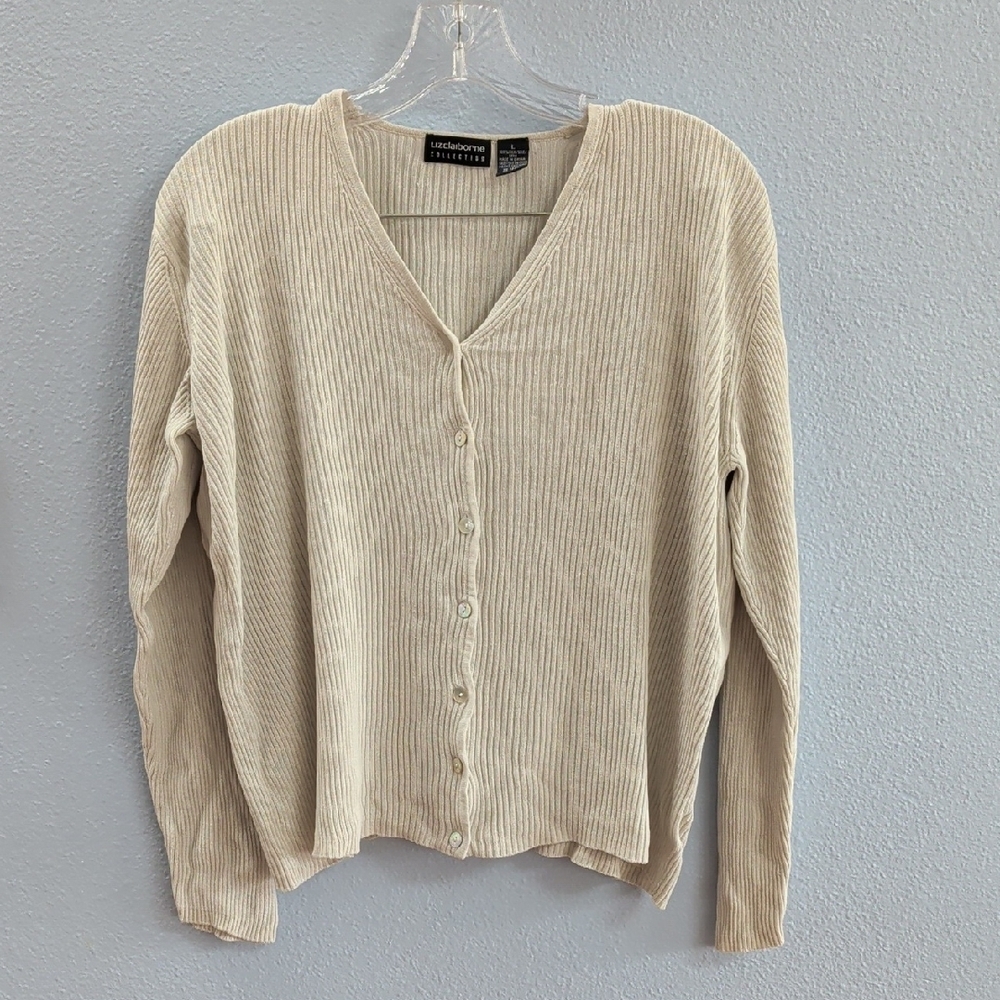 Liz Claiborne Collection Silk Cream V-Neck Button-Up Y2K Sweater